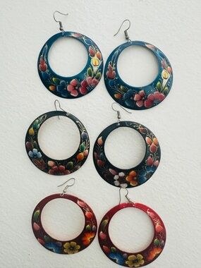Hand-Painted Floral Hoop Earrings - Multicolor
